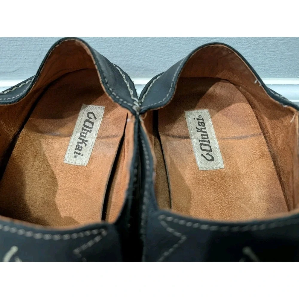 OluKai Mens Moloā Leather Slip On Shoes Black Toffee Size 11.5 Nubuck Drop Heel